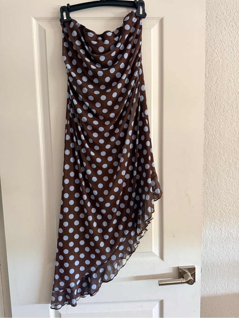 See You Monday Strapless Brown Polka Dot Asymmetrical Slip Dress